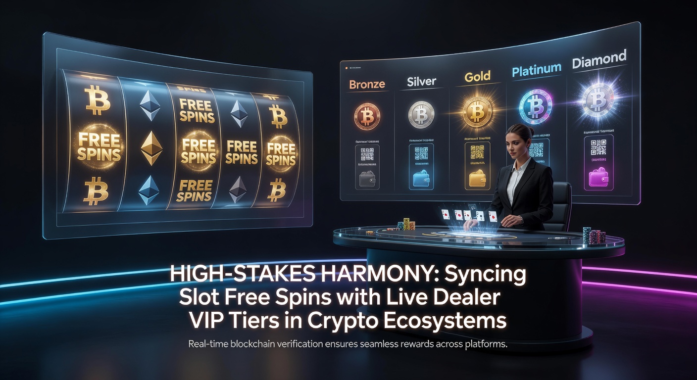 Dynamic graphic showing slot reels spinning alongside a live dealer blackjack table, with blockchain icons linking crypto wallets and VIP badges in a high-tech casino environment