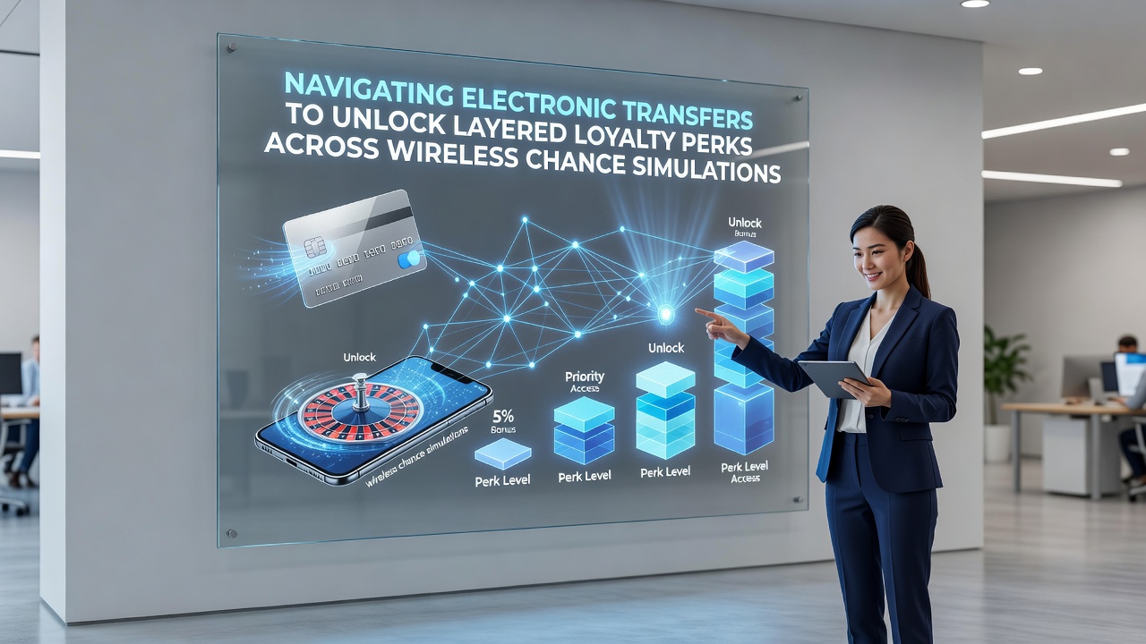 Mobile device displaying electronic transfer interface connected to layered loyalty reward tiers in a wireless chance simulation app