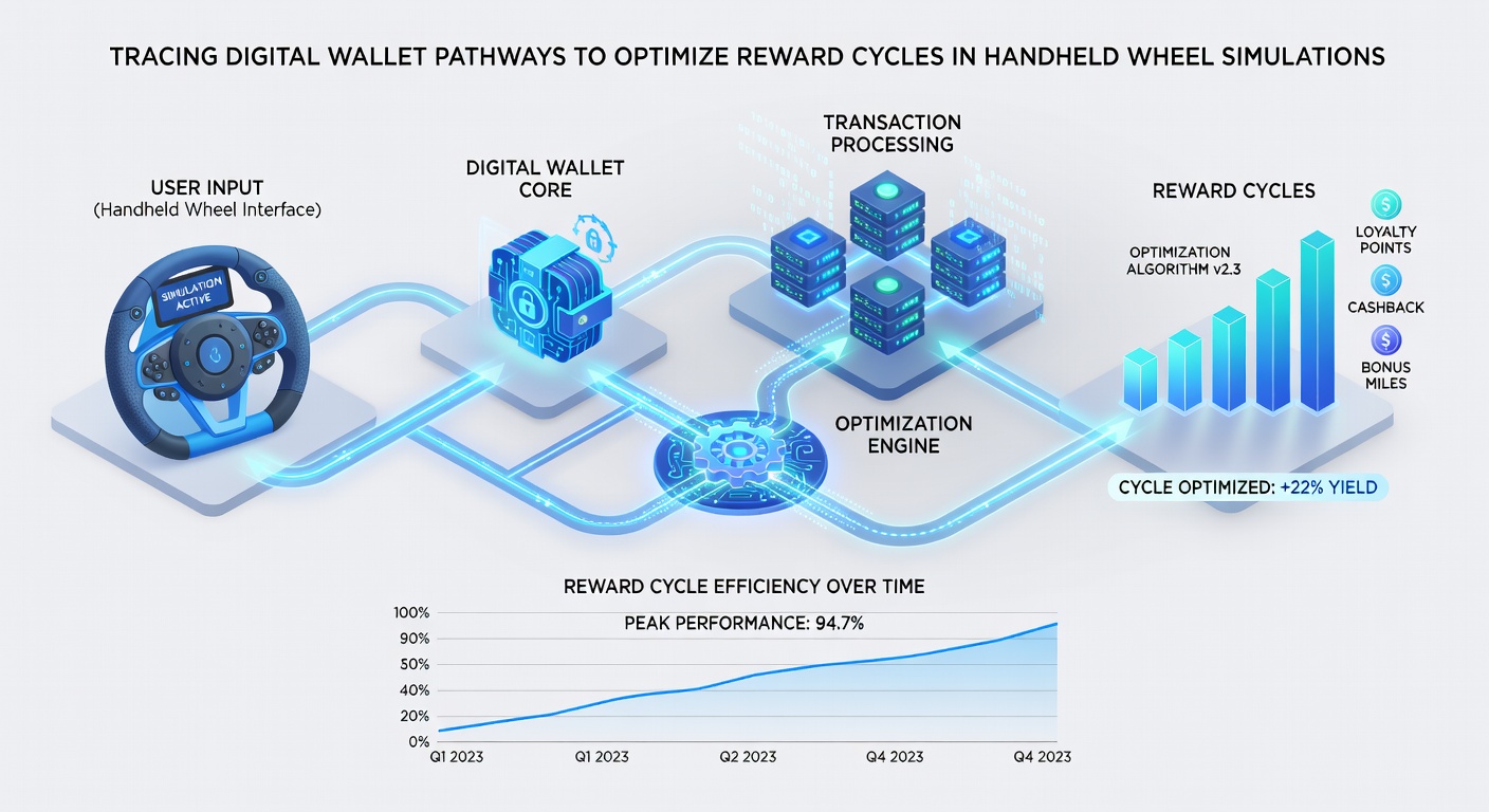 Flowchart showing digital wallet transaction paths leading to reward optimizations in wheel-based mobile simulations
