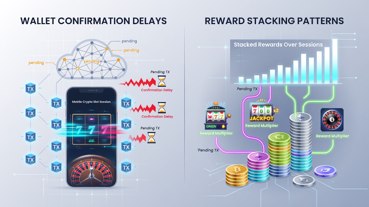 Analytics dashboard displaying reward stacking timelines and wallet delay metrics for crypto mobile games